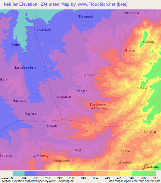 Nebiler,Turkey Elevation Map