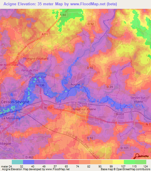 Acigne,France Elevation Map