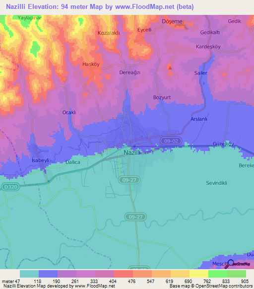 Nazilli,Turkey Elevation Map