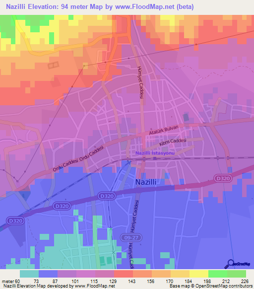 Nazilli,Turkey Elevation Map