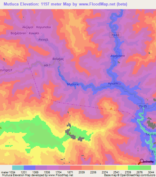 Mutluca,Turkey Elevation Map