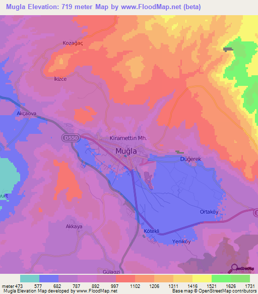 Mugla,Turkey Elevation Map