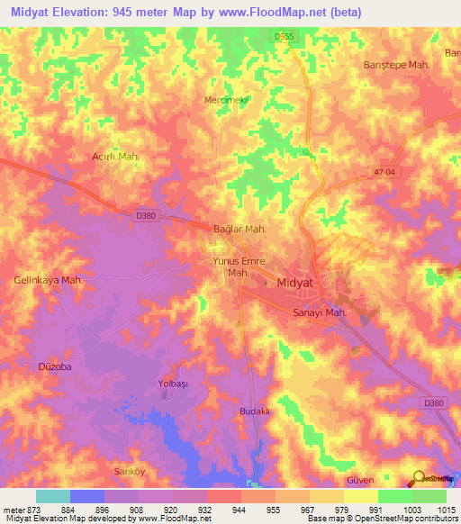 Midyat,Turkey Elevation Map