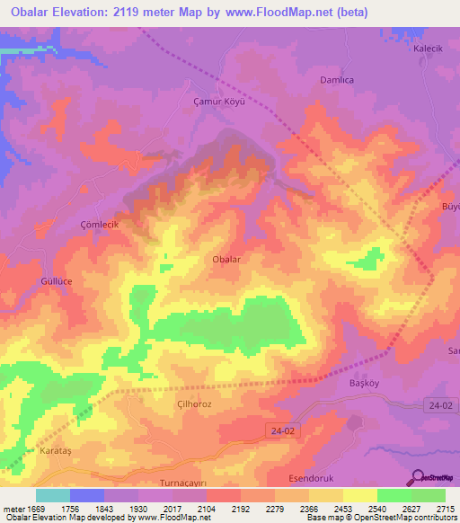 Obalar,Turkey Elevation Map