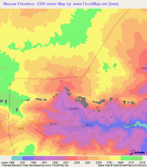 Mezraa,Turkey Elevation Map