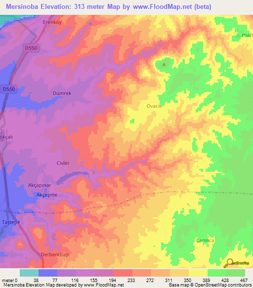 Mersinoba,Turkey Elevation Map