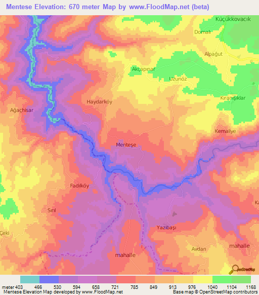 Mentese,Turkey Elevation Map