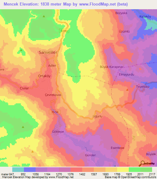 Mencek,Turkey Elevation Map