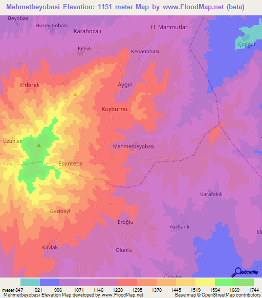 Mehmetbeyobasi,Turkey Elevation Map