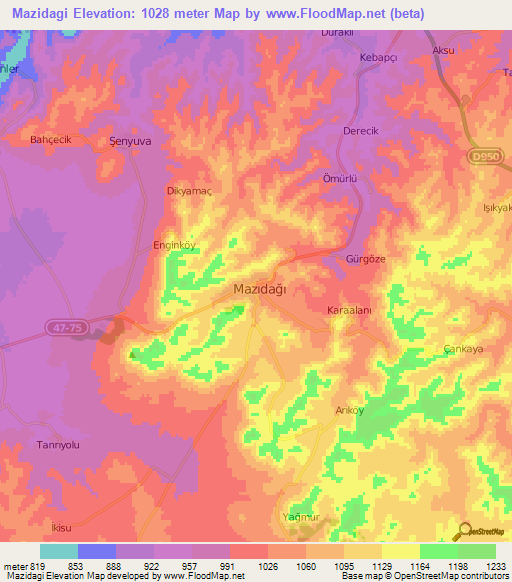 Mazidagi,Turkey Elevation Map