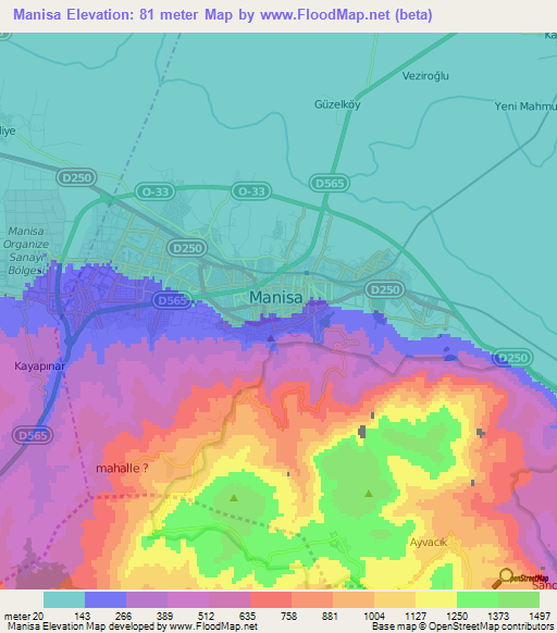 Manisa,Turkey Elevation Map