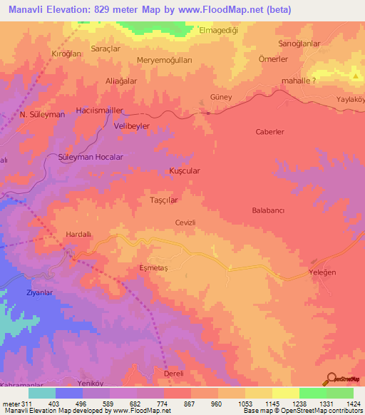 Manavli,Turkey Elevation Map