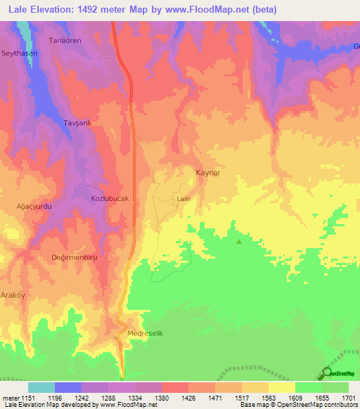 Lale,Turkey Elevation Map