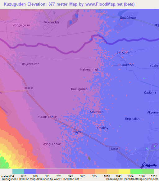 Kuzuguden,Turkey Elevation Map