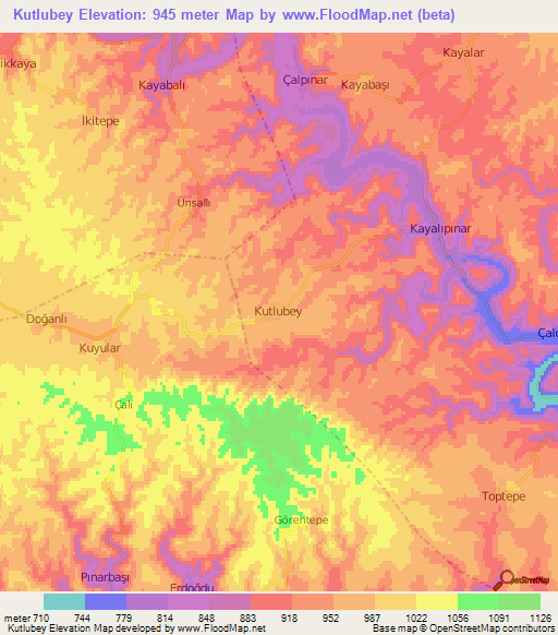 Kutlubey,Turkey Elevation Map