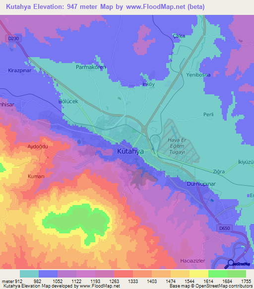 Kutahya,Turkey Elevation Map