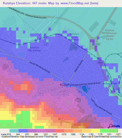 Kutahya,Turkey Elevation Map