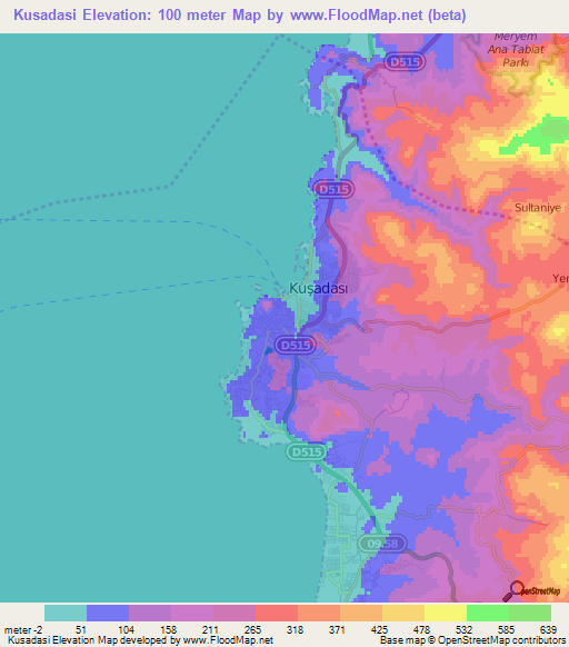 Kusadasi,Turkey Elevation Map