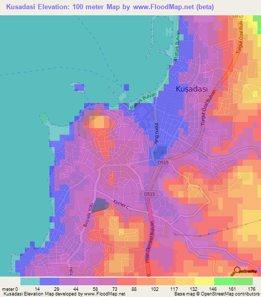 Kusadasi,Turkey Elevation Map