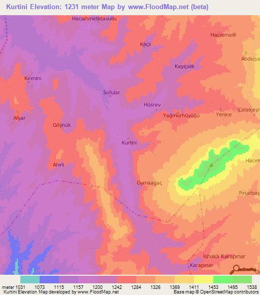 Kurtini,Turkey Elevation Map