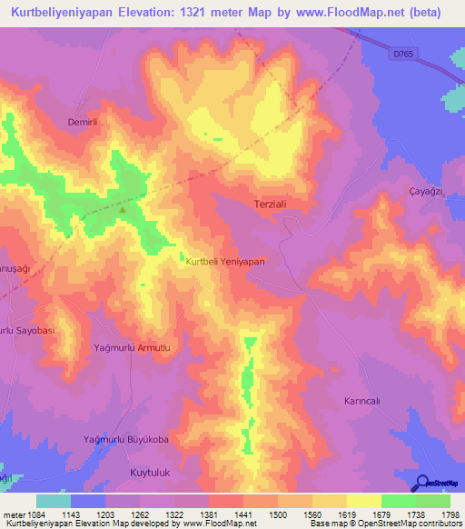 Kurtbeliyeniyapan,Turkey Elevation Map