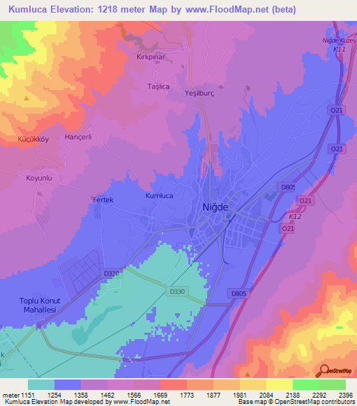 Kumluca,Turkey Elevation Map