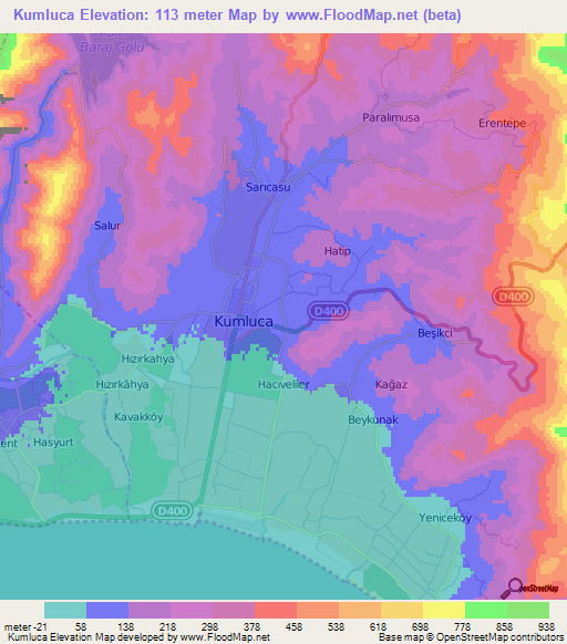 Kumluca,Turkey Elevation Map