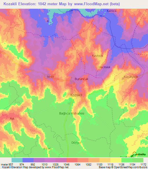 Kozakli,Turkey Elevation Map