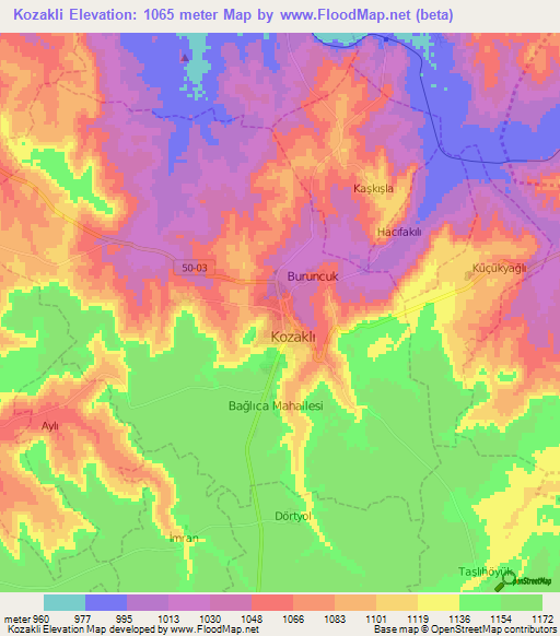 Kozakli,Turkey Elevation Map