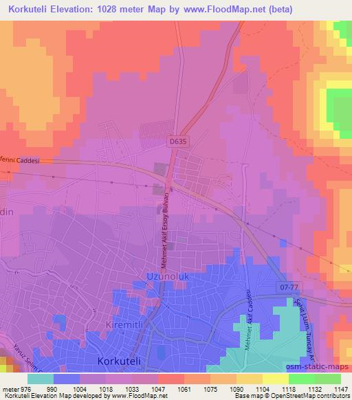 Korkuteli,Turkey Elevation Map