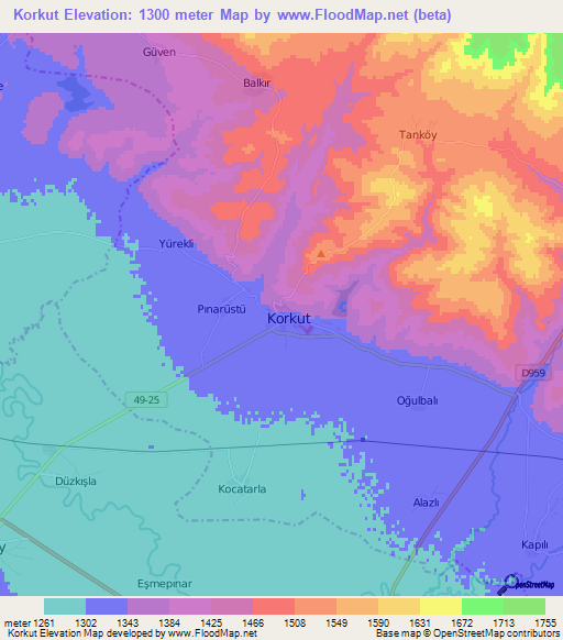 Korkut,Turkey Elevation Map