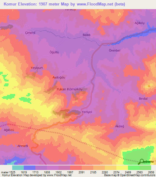 Komur,Turkey Elevation Map