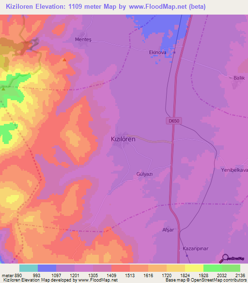 Kiziloren,Turkey Elevation Map