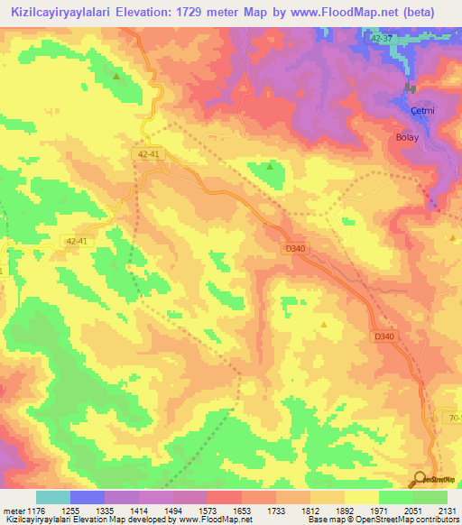 Kizilcayiryaylalari,Turkey Elevation Map