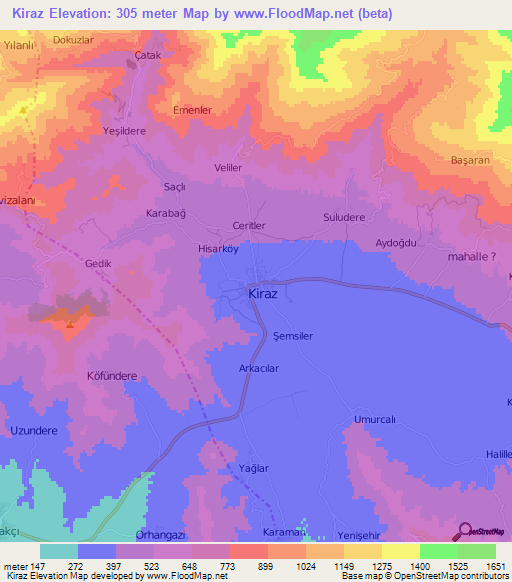 Kiraz,Turkey Elevation Map