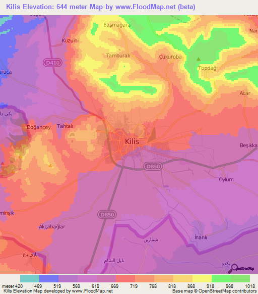 Kilis,Turkey Elevation Map