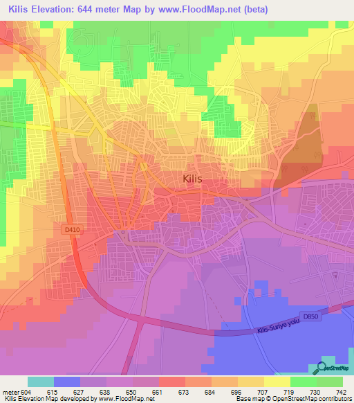 Kilis,Turkey Elevation Map