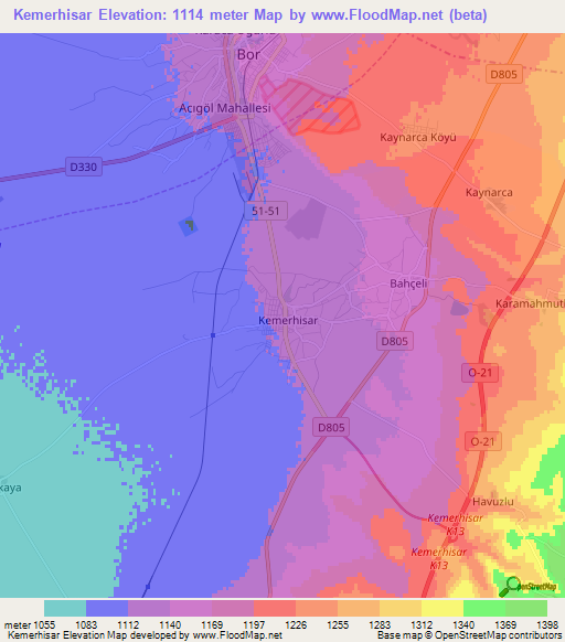 Kemerhisar,Turkey Elevation Map