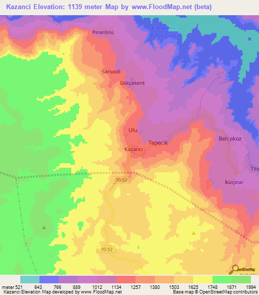 Kazanci,Turkey Elevation Map