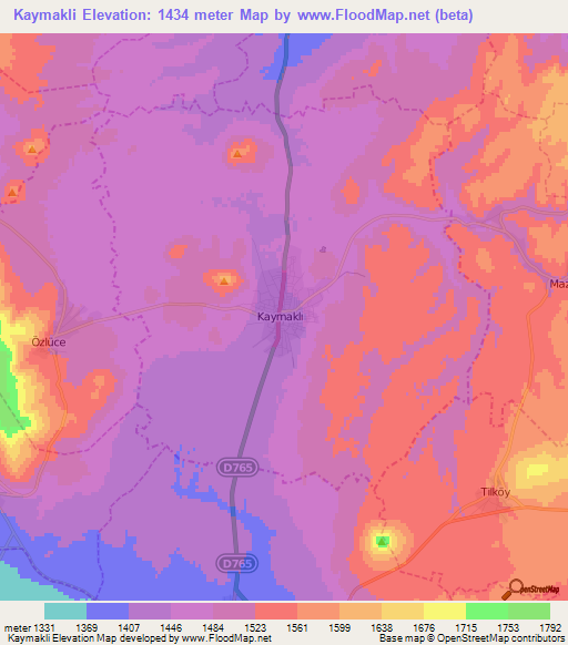 Kaymakli,Turkey Elevation Map