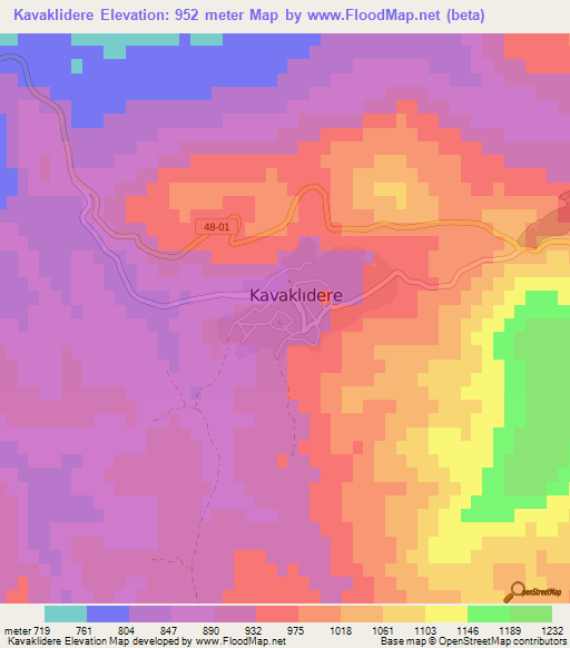 Kavaklidere,Turkey Elevation Map