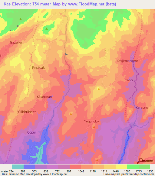 Kas,Turkey Elevation Map