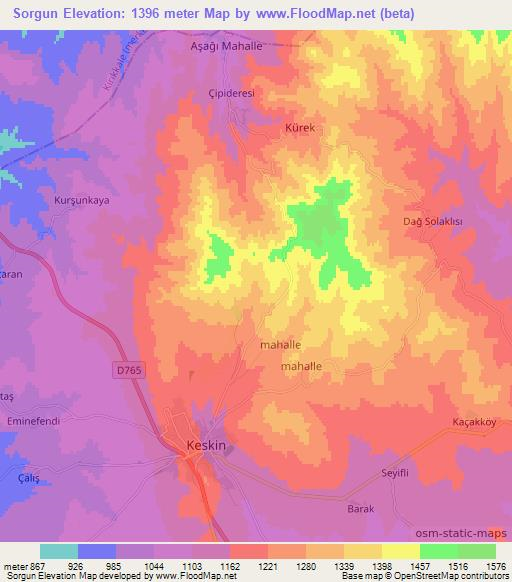 Sorgun,Turkey Elevation Map