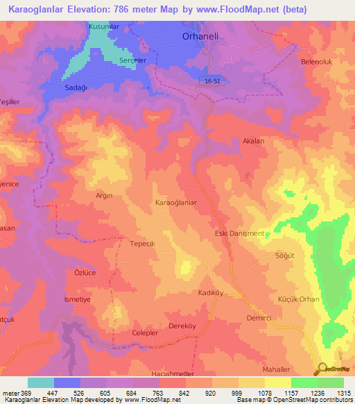 Karaoglanlar,Turkey Elevation Map