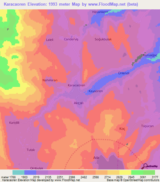 Karacaoren,Turkey Elevation Map