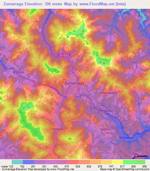 Zumarraga,Spain Elevation Map