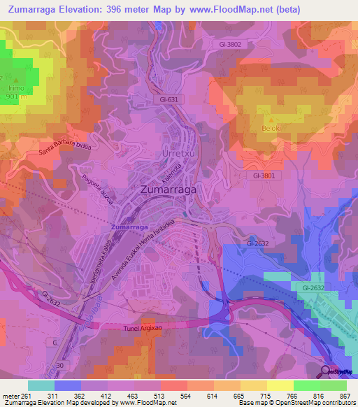 Zumarraga,Spain Elevation Map