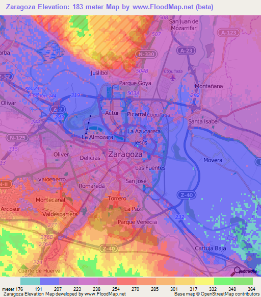 Zaragoza,Spain Elevation Map