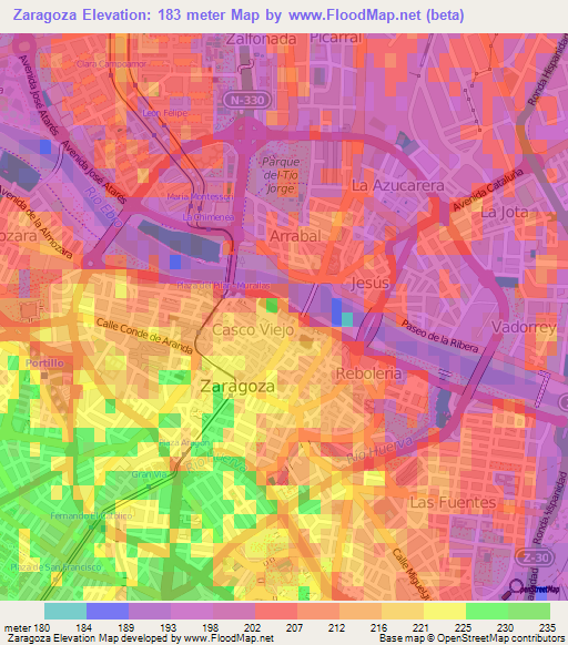 Zaragoza,Spain Elevation Map