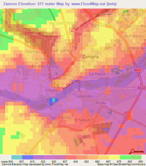 Zamora,Spain Elevation Map